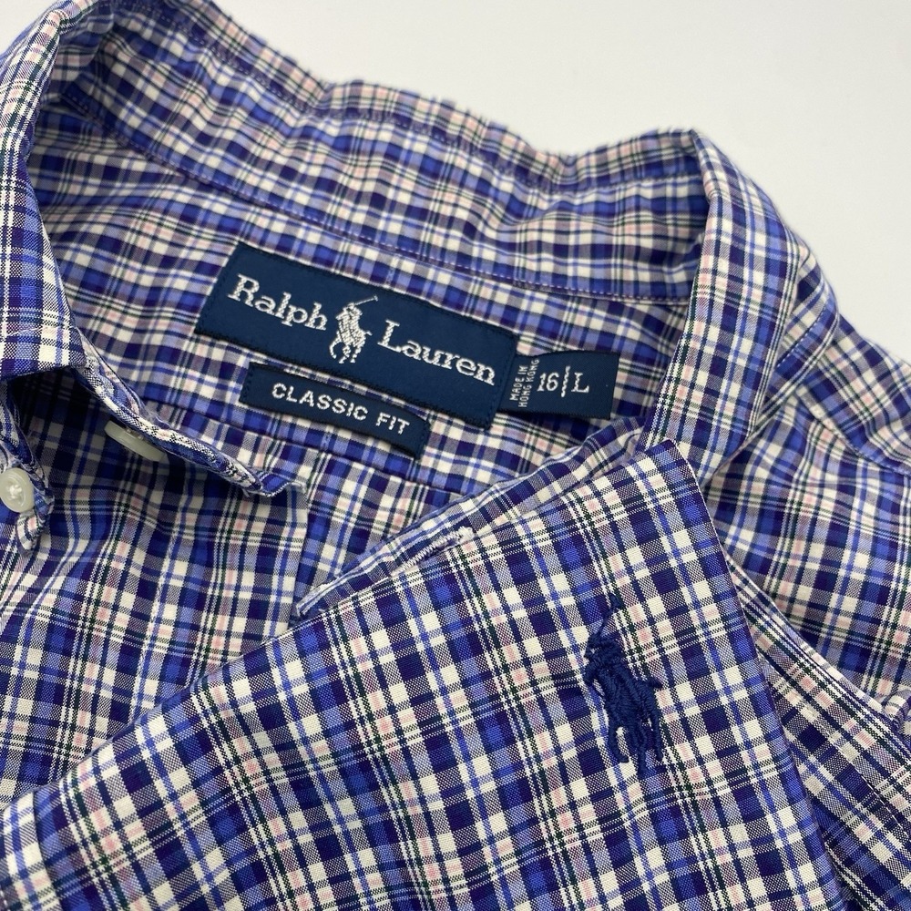 Ralph Lauren Classic Fit Men Button‎ Down Long Sleeve Shirt Purple Blue Plaid L